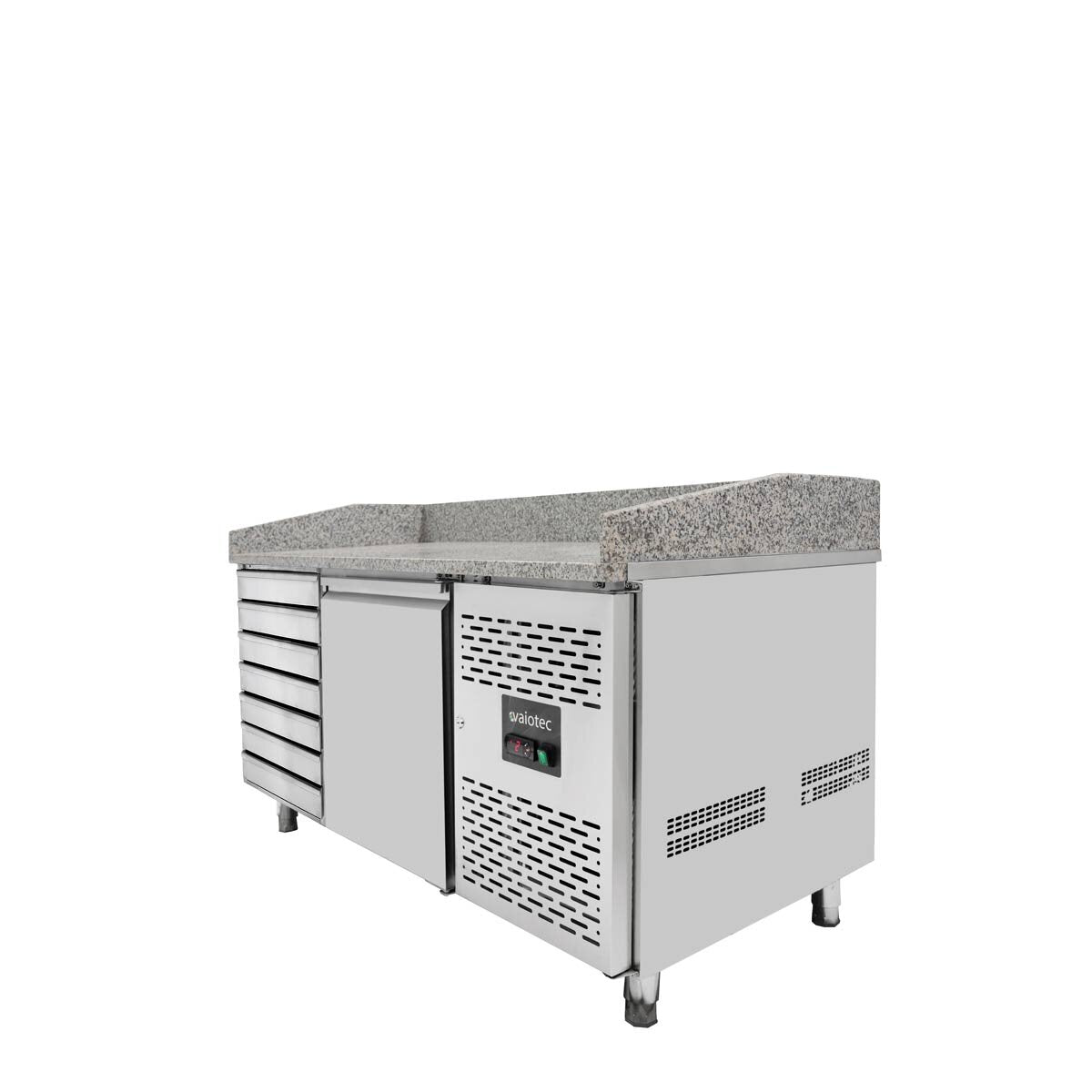 Vaiotec Pizzakühltisch "EASYLINE 800" (1-türig & 7 Schubladen), Edelstahl und Granit, Silber und Grau, 0,275kW, 230V, 1510x800x1000mm