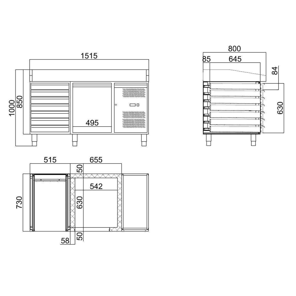 Vaiotec Pizzakühltisch "EASYLINE 800" (1-türig & 7 Schubladen), Edelstahl und Granit, Silber und Schwarz, 0,275kW, 230V, 1510x800x1000mm