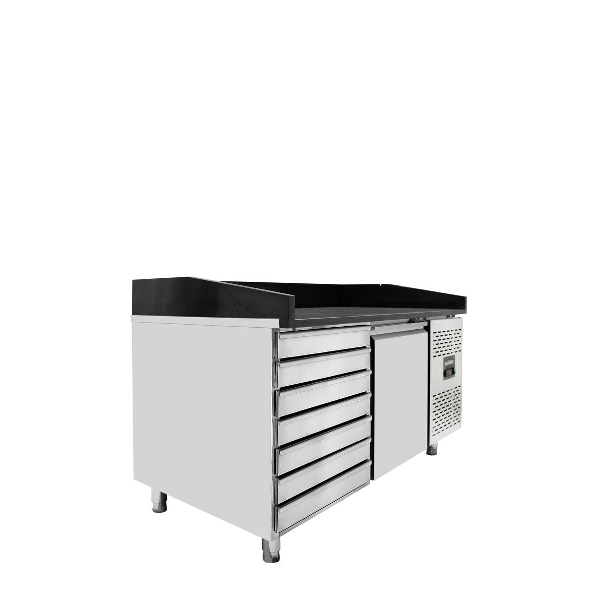 Vaiotec Pizzakühltisch "EASYLINE 800" (1-türig & 7 Schubladen), Edelstahl und Granit, Silber und Schwarz, 0,275kW, 230V, 1510x800x1000mm