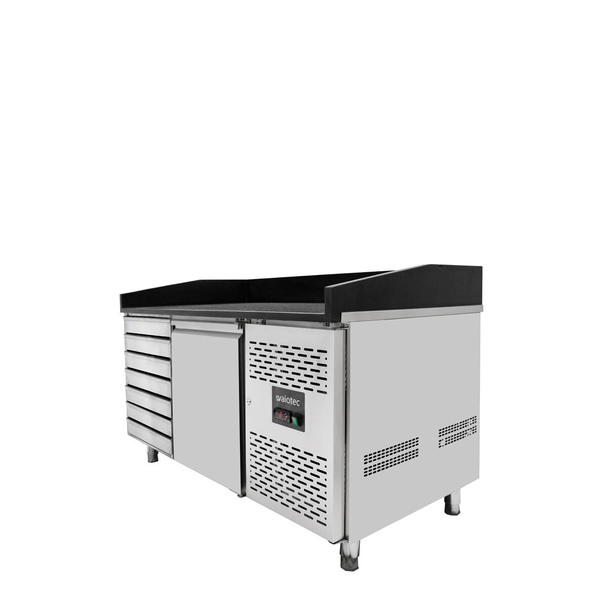 Vaiotec Pizzakühltisch "EASYLINE 800" (1-türig & 7 Schubladen), Edelstahl und Granit, Silber und Schwarz, 0,275kW, 230V, 1510x800x1000mm
