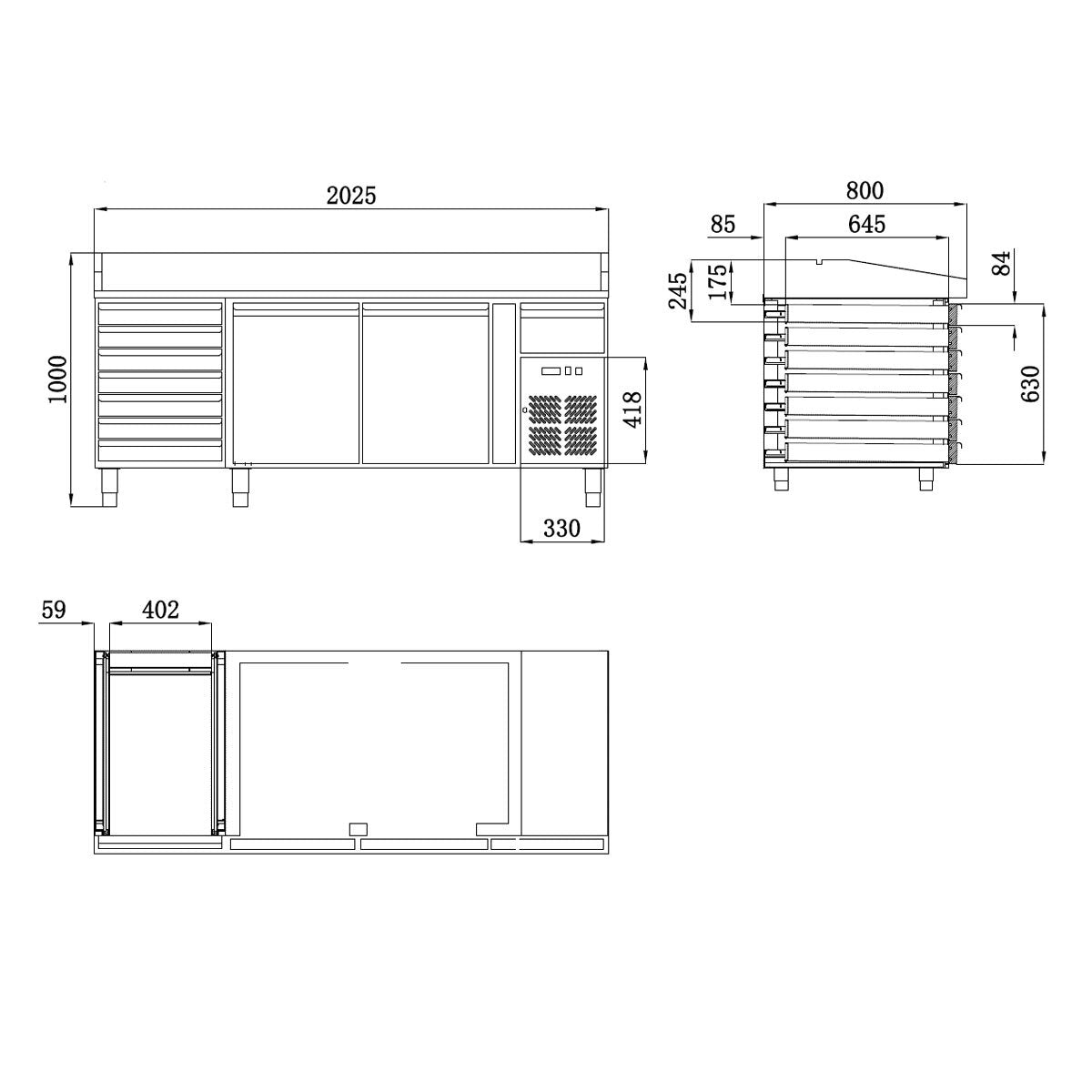 Vaiotec Pizzakühltisch "EASYLINE 800" (2-türig & 7 Schubladen), Edelstahl und Granit, Silber und Schwarz, 0,275kW, 230V, 2020x800x1000mm