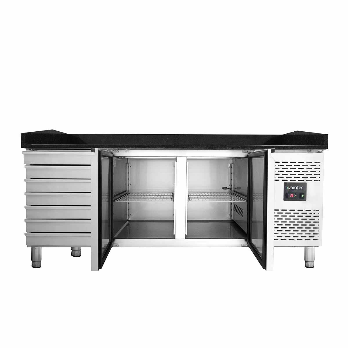 Vaiotec Pizzakühltisch "EASYLINE 800" (2-türig & 7 Schubladen), Edelstahl und Granit, Silber und Schwarz, 0,275kW, 230V, 2020x800x1000mm