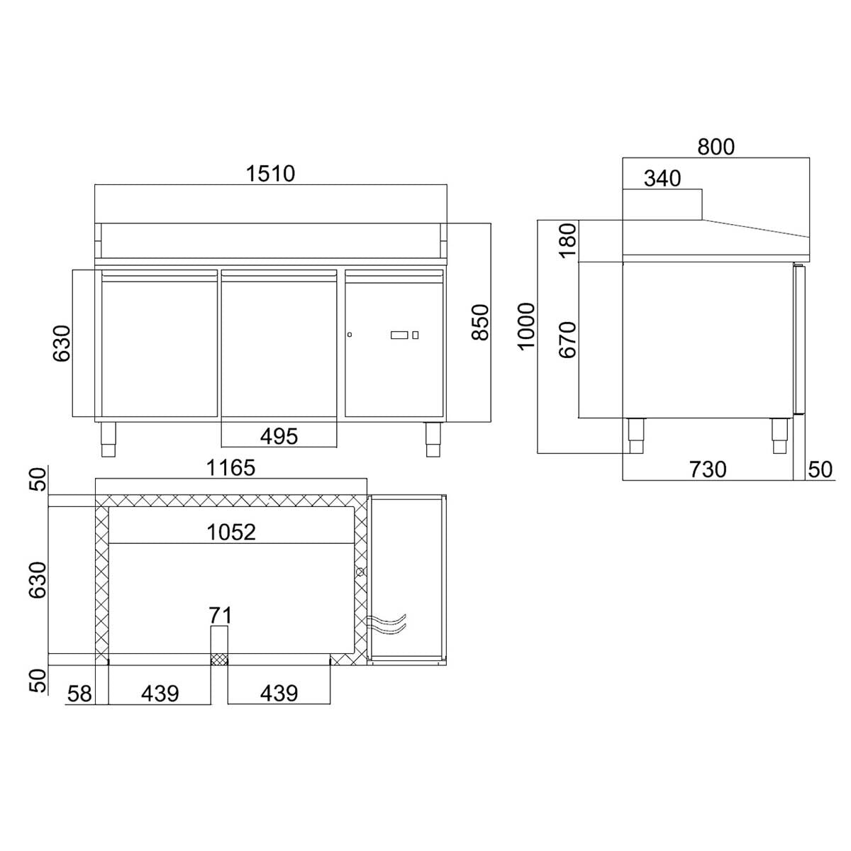 Vaiotec Pizzakühltisch "EASYLINE 800" (2-türig), Edelstahl und Granit, Silber und Grau, 0,235kW, 230V, 1510x800x1000mm