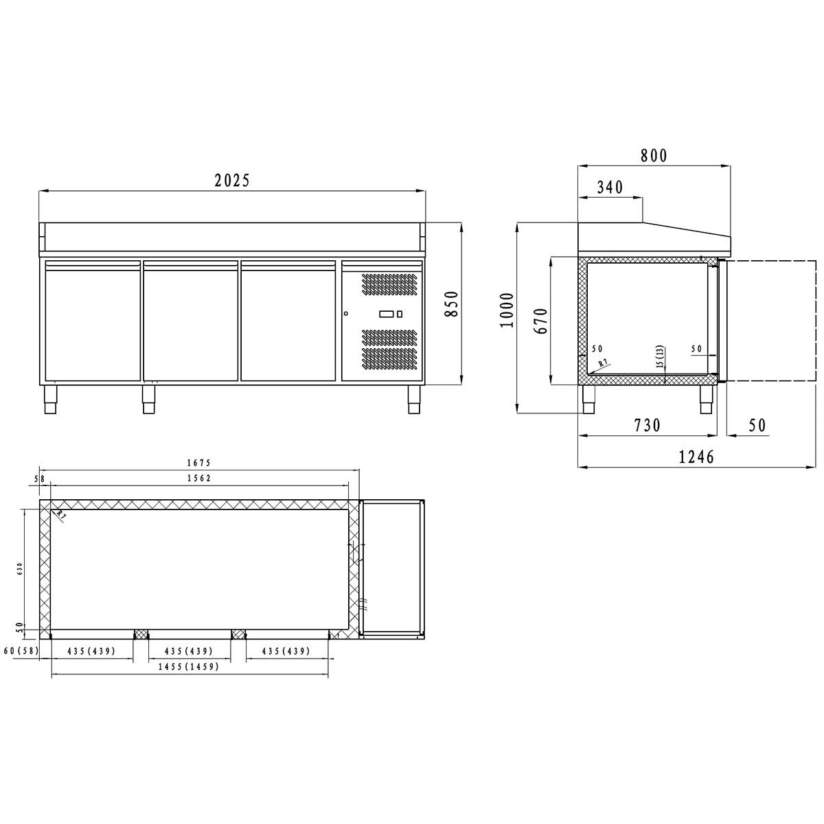Vaiotec Pizzakühltisch " EASYLINE 800" (3-türig), Edelstahl und Granit, Silber und Grau, 0,33kW, 230V, 2020x800x1000mm