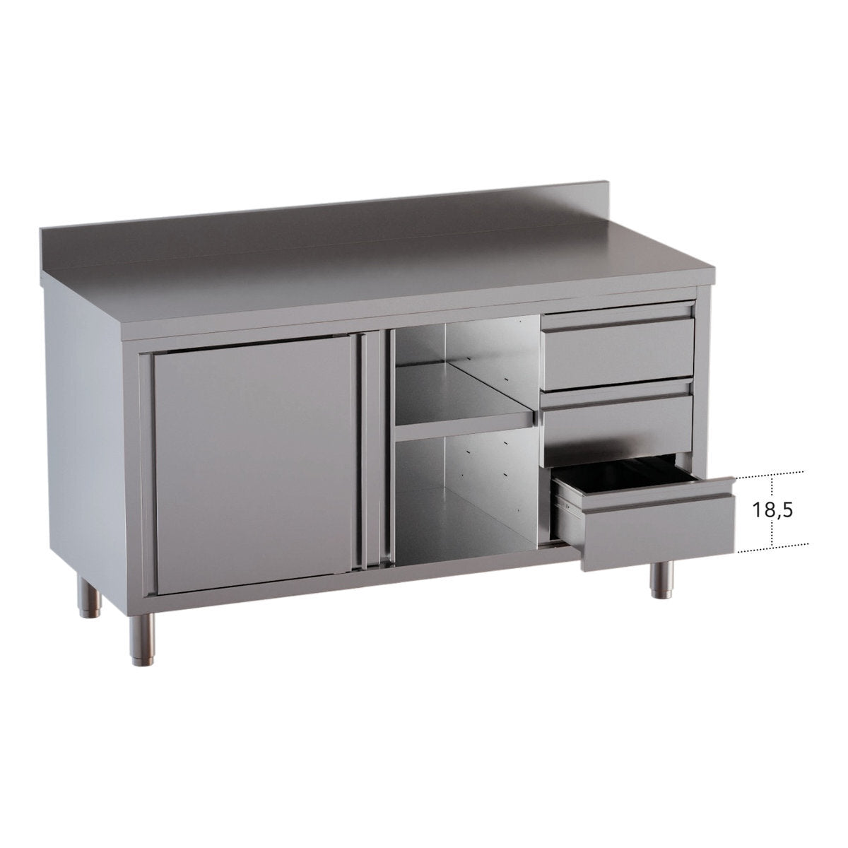 Vaiotec Arbeitsschrank "TOPLINE 600" (mit 2 Schiebetüren, 3 Schubladen & Aufkantung), Edelstahl, Silber, 2000x600x850mm