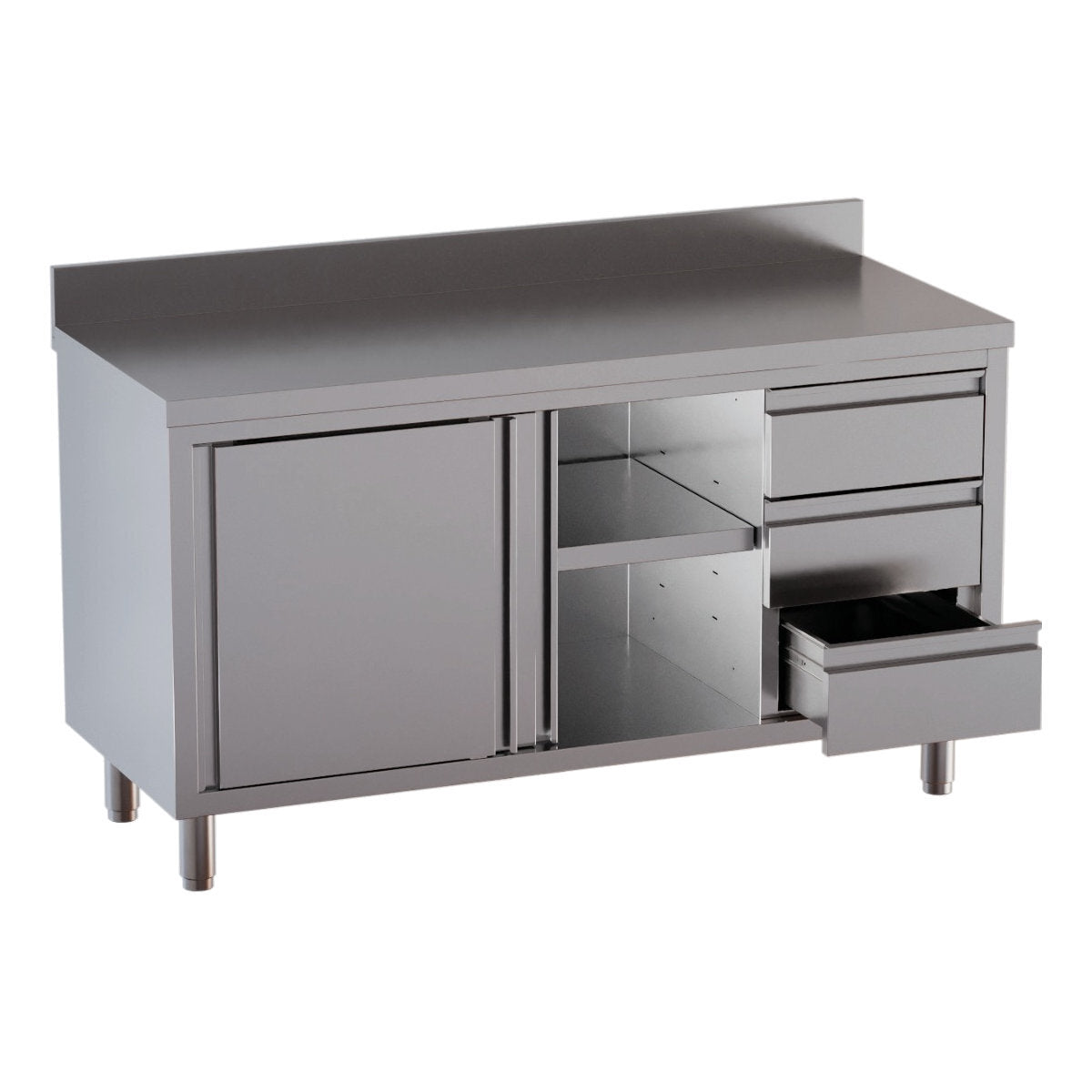 Vaiotec Arbeitsschrank "TOPLINE 600" (1 Flügeltür, 3 Schubladen & Aufkantung), Edelstahl, Silber, 1200x600x850mm