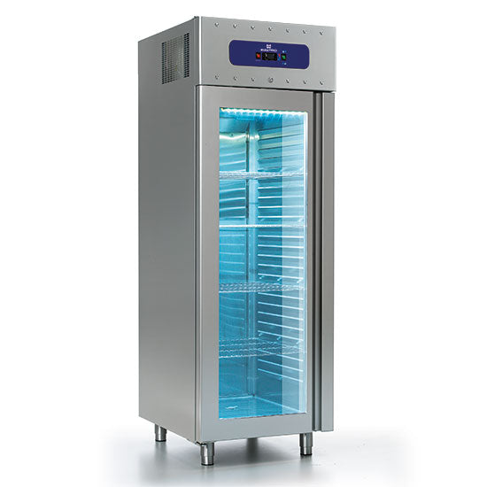 Mastro Kühlschrank 700 Liter aus Edelstahl mit Glastür, GN 2/1, -2°/-8°C, 85 mm Isolierung