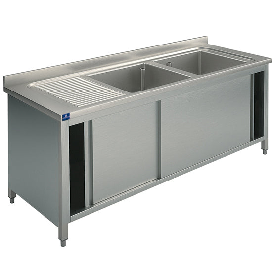 Mastro Spülschrank, 2 Becken, Tropftasse links, mit Schiebetüren, 1600x700 mm